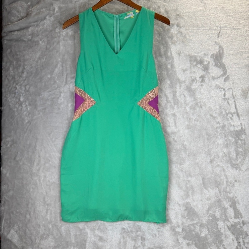 English Rose V Neck Dress Lace Detail Purple Pink Green‎ Size L 80's vibe bold